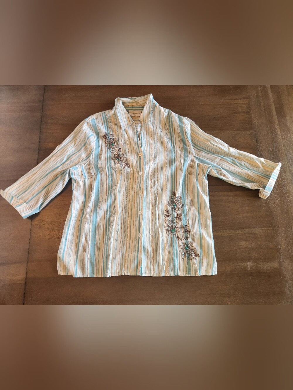 Alfred Dunner Striped Button-Down Shirt with Floral Embroidery